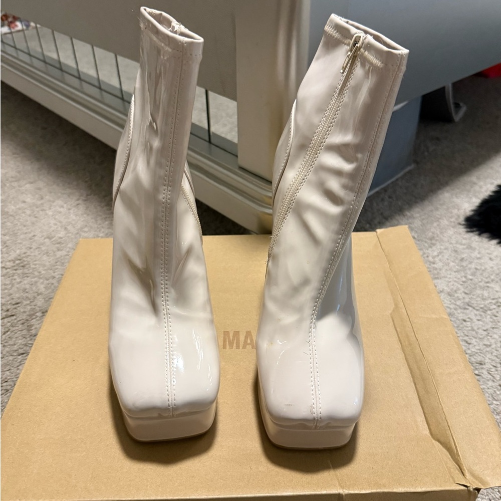 Steve Madden Women's Cream Patent Square-Toe Sock Boots